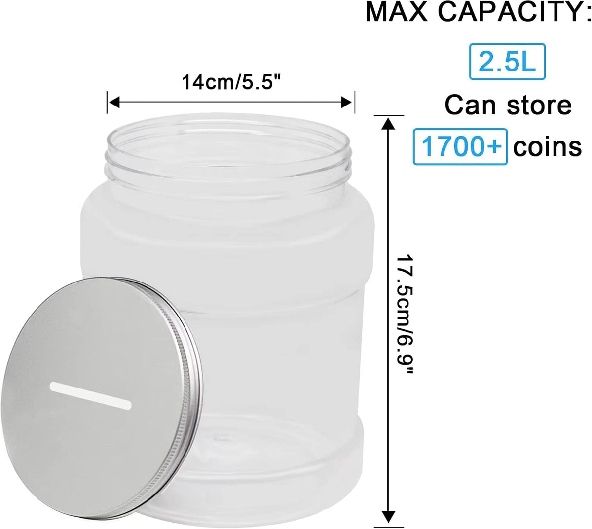 Yamahiko 2 Pack Large Clear Coin Bank Jar with Slotted Lid, Big Plastic Money Tip Change Savings Coin Jar for Coins or Raffle Ticket, Clear Money Coin Tip Piggy Change Bank Box for Adults Teens Kids