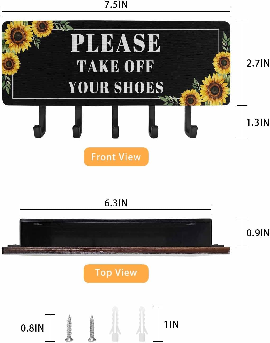 Funny Black Key Holder Wall Mount,Sunflower Leaf Take Off Your Shoes Black Hanging Mail Organizer with 5 Key Hooks Wall Decorative,Adhesive Key Rack with Shelf for Hallway Kitchen Farmhouse Entryway
