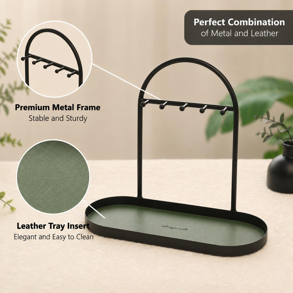Shinpuru Key Holder Tray, Metal Stand with Leather Tray, 5 Hooks (Green)