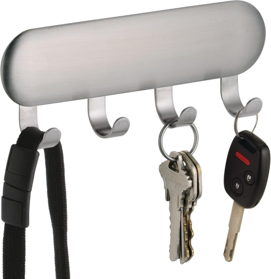 iDesign Forma Self-Adhesive Key Rack Organizer for Entryway, Kitchen - 4 Hooks, Stainless Steel