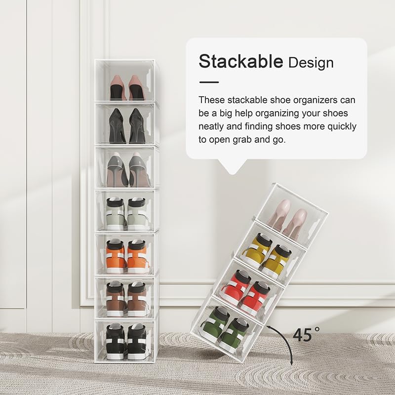 SEE SPRING Clear Shoe Storage Boxes, 6 Pack Stackable Hard Plastic Organizer for Closet Fit Size 14