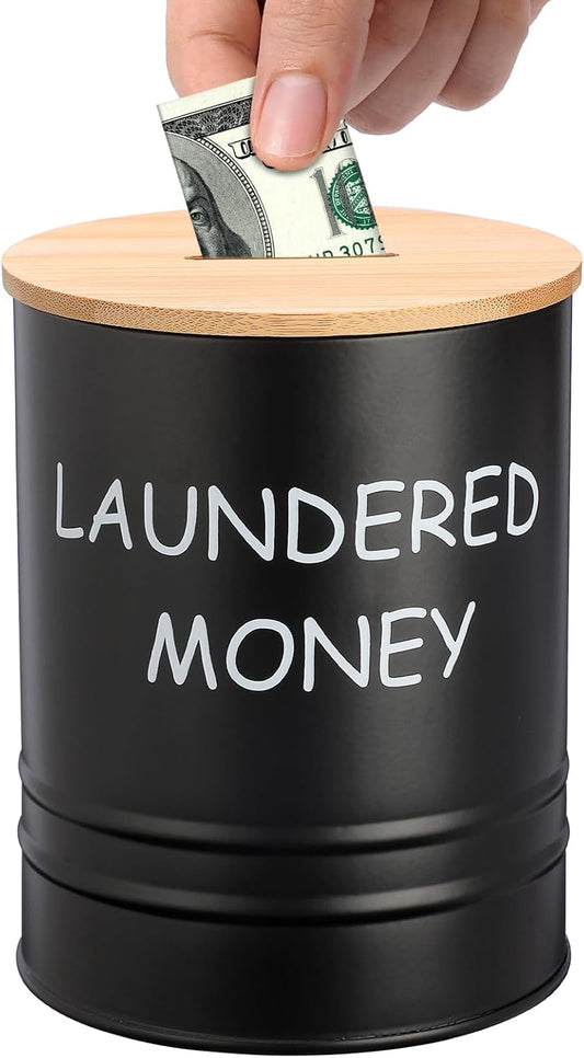 Laundry Room Coin Bank Jar with Money Slot and Wooden Lid, Black