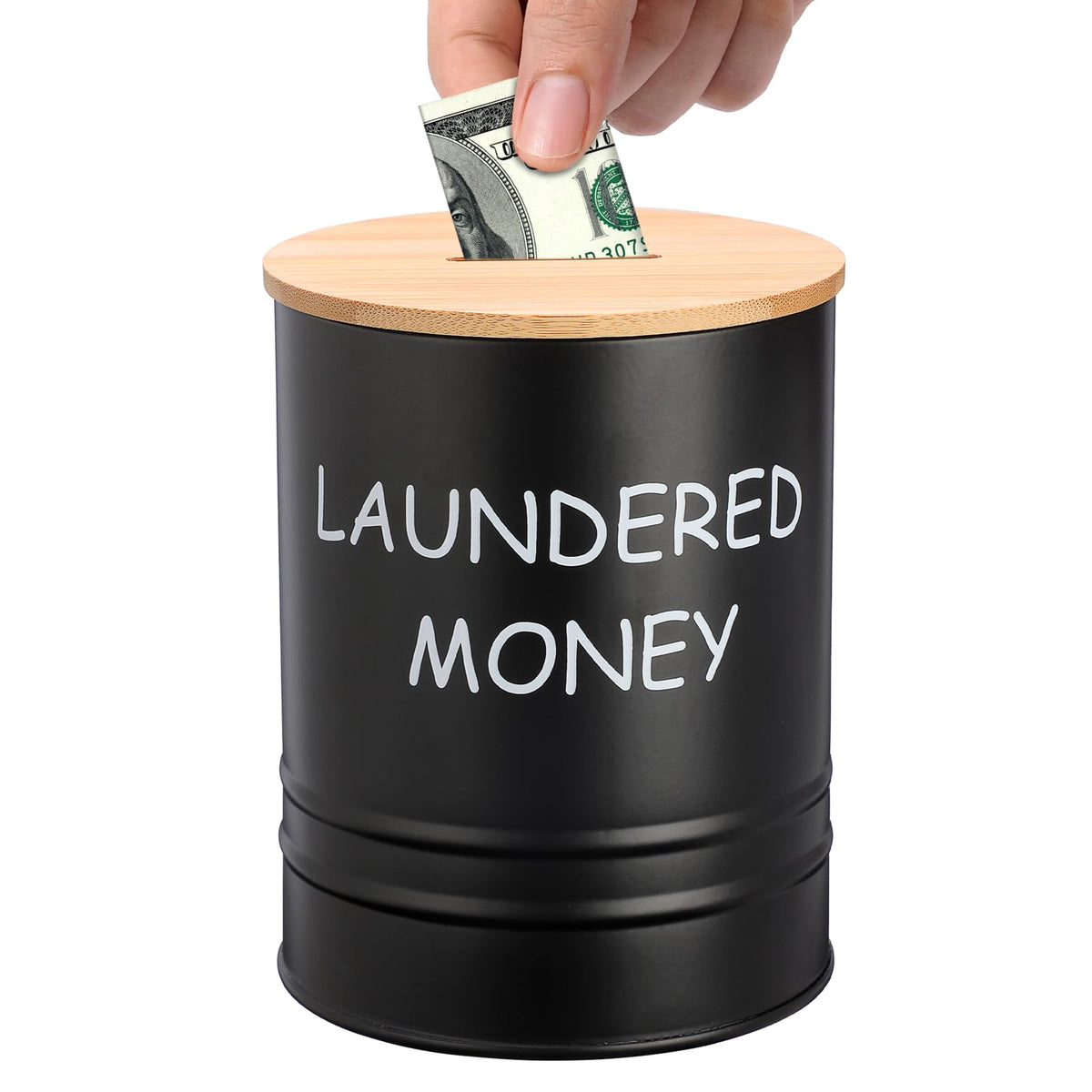 Laundry Room Coin Bank Jar with Money Slot and Wooden Lid, Black