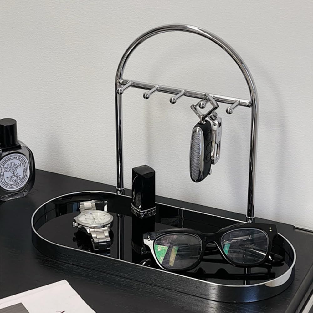 Shinpuru Metal Jewelry Organizer Stand & Key Holder Tray with Acrylic Base, Key Stand and Jewelry Tray with 5 Hooks, Perfect Bowl, Valet, Key Tray, Ring Holder, Jewelry Dish(Matt Black)