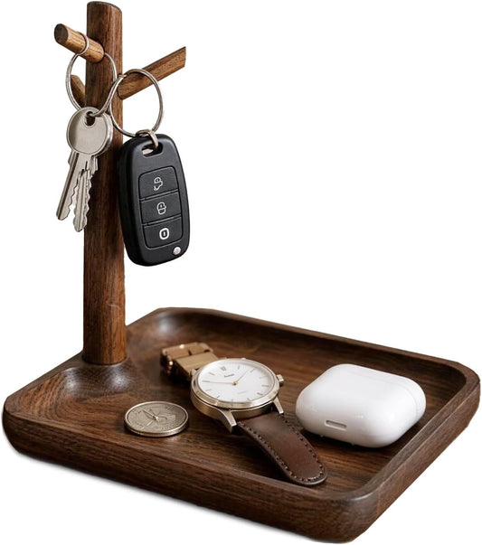 Walnut Tray, Entryway Key Organizer with Tree Hooks for Keys and Jewelry