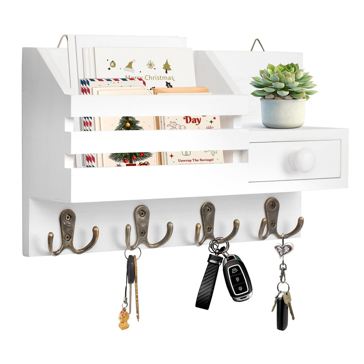 Key Holder Wall Mount, Wooden Key and Mail Organizer, Black