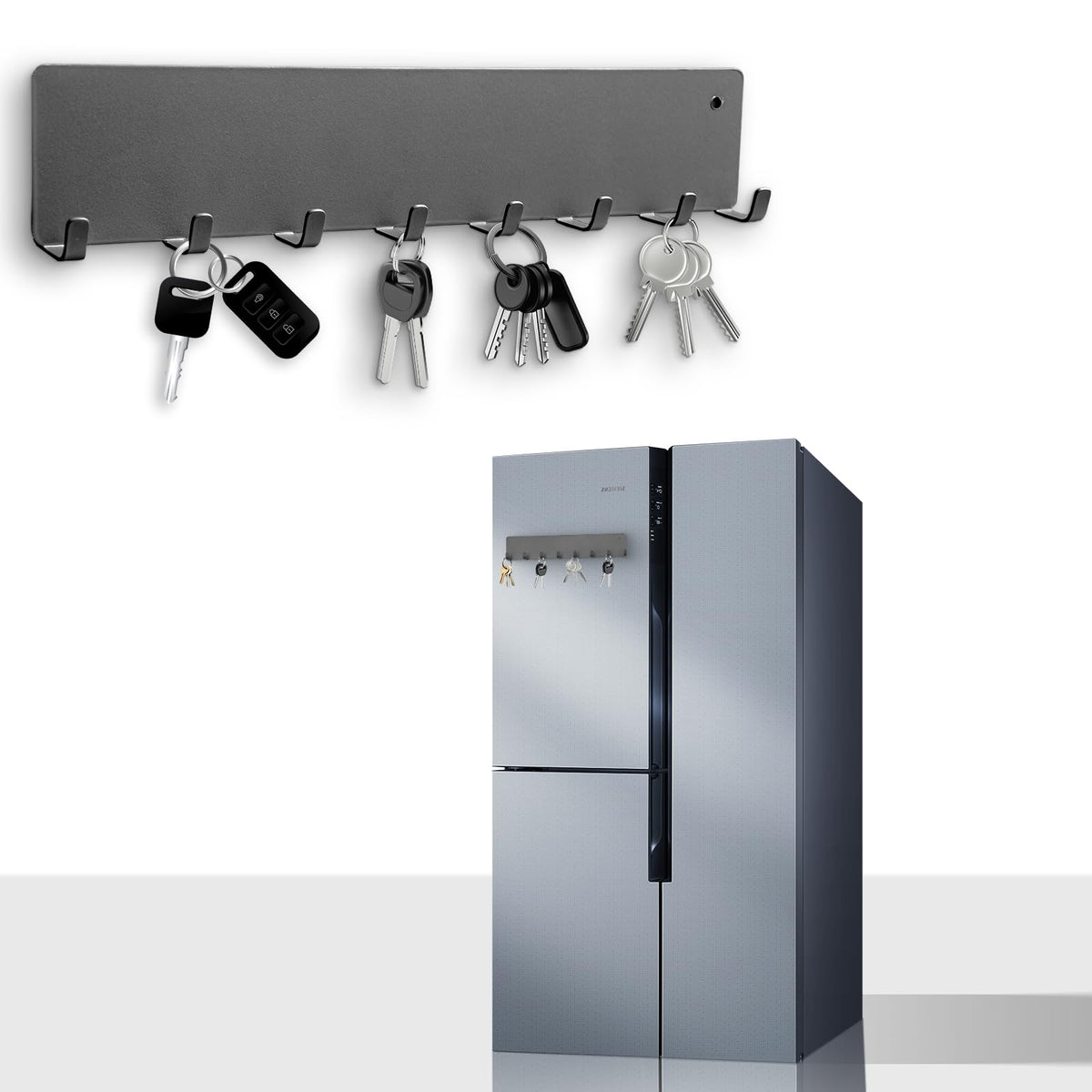 Magnetic Key Holder for Frideg,Heavy Duty Strong Magnetic Key Hanger with 8 Hooks for Refrigerator,Magnetic Kitchen Utensil Holder for Metal Surface in Entryway,Garage,Pantry (Gray)