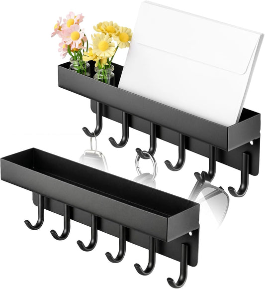 2 Pcs Magnetic Key Holder Wall Mount, Compact Metal Key-Rack with Tray, 6 Hooks Each, Black, Wall Mount Key Holder for Entryway Organization