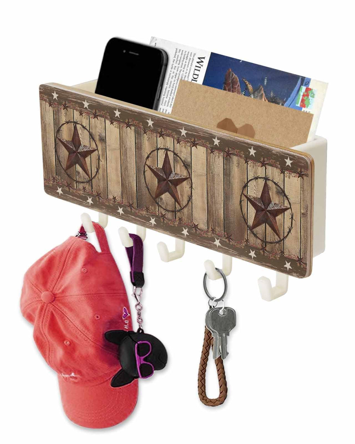 West Texas Star Rustic Key Holder Wall Mount,Teal Green Wood Plank Black Hanging Mail Organizer with 5 Key Hooks Wall Decorative,Adhesive Key Rack with Shelf for Hallway Kitchen Entryway Decor