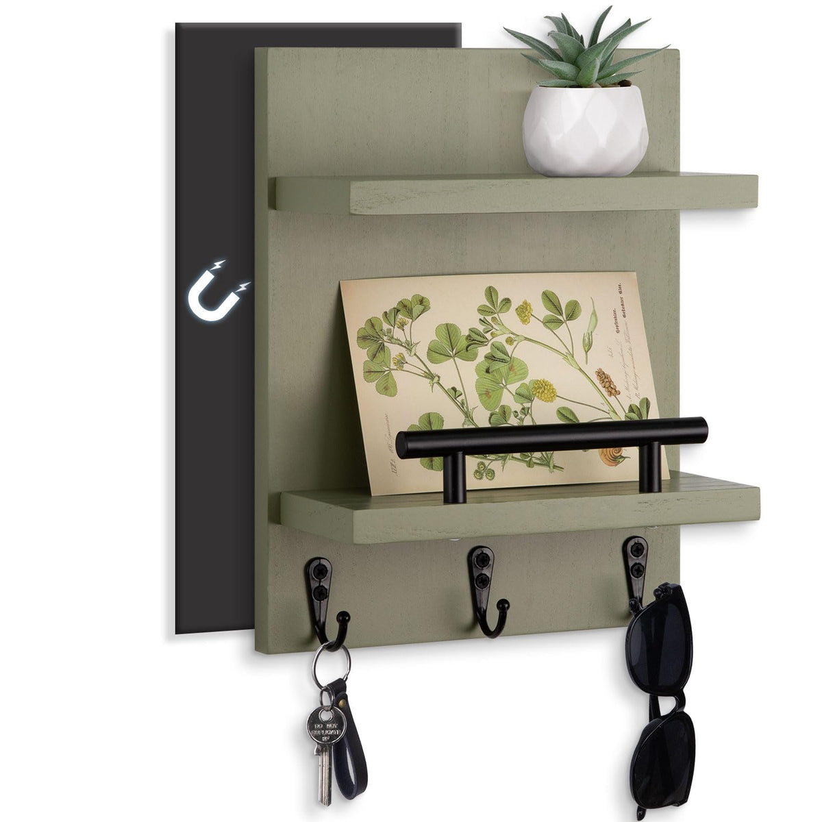 Magnetic Key Holder Wall Mount, Mail Shelf Decor with 3 Key Hooks