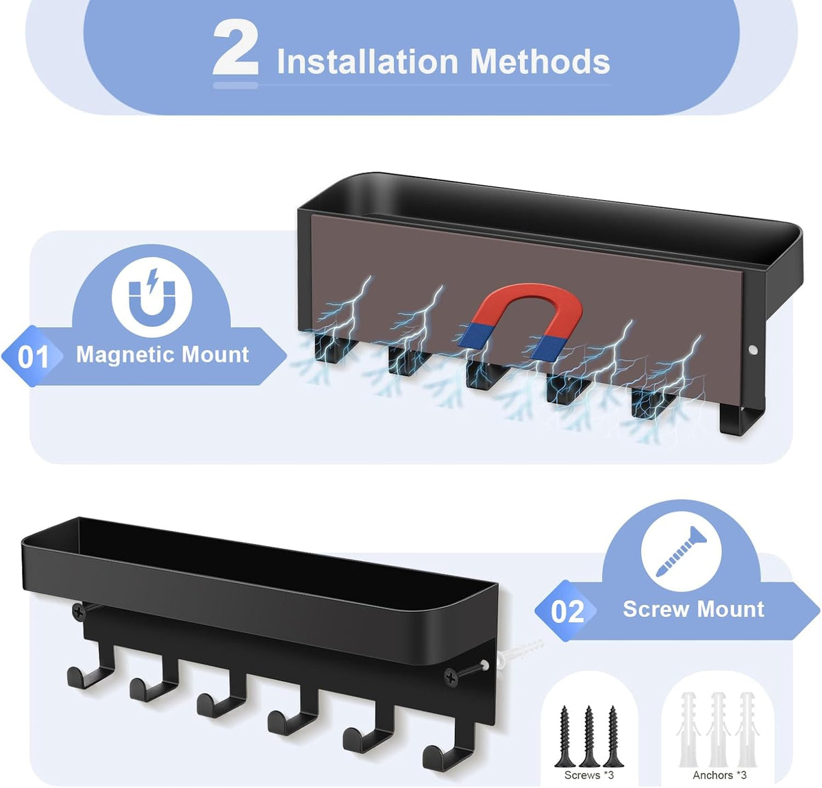 RELBRO Magnetic Key Holder for Fridge, Key Rack with Shelf, Black