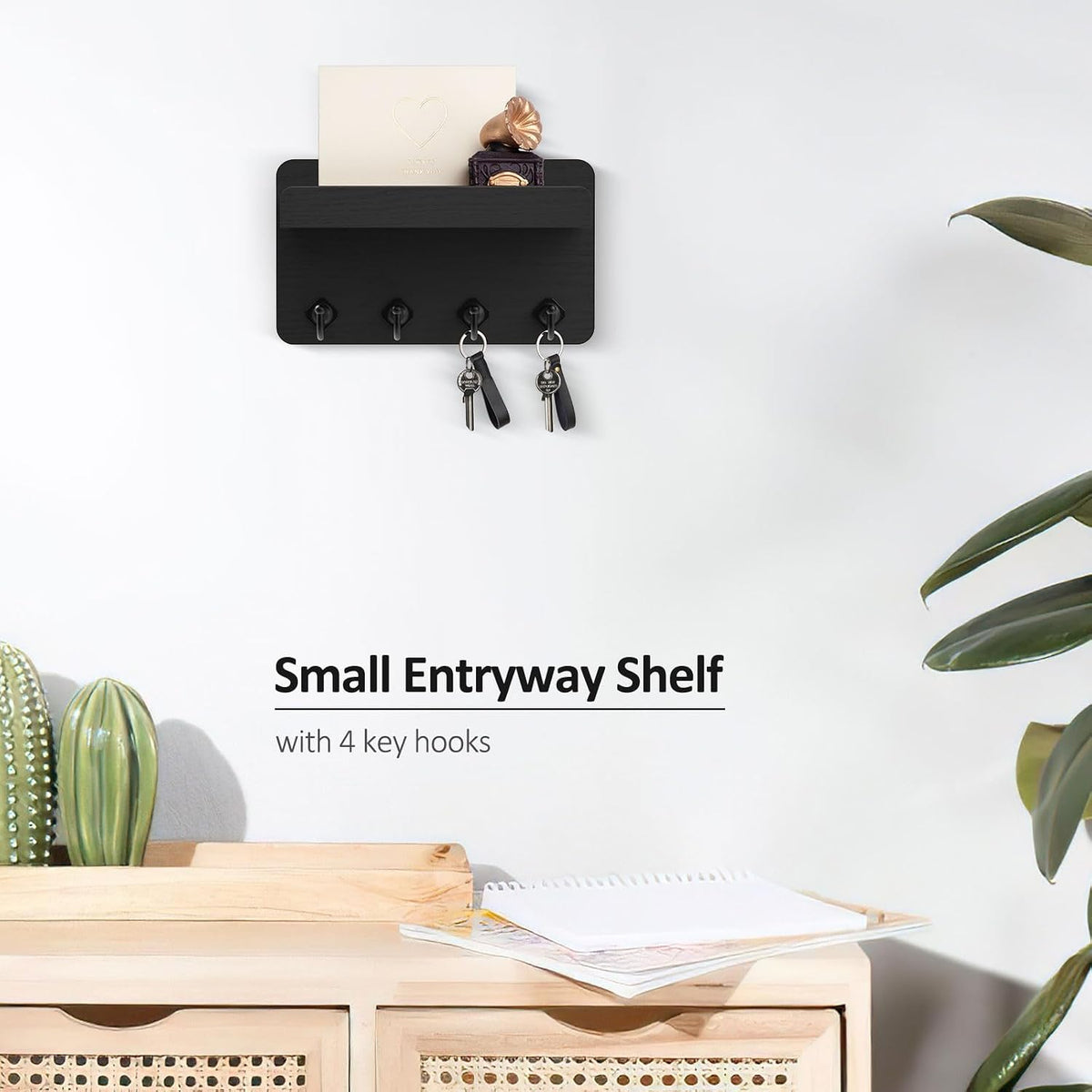 Nekon Key Holder Wall Mount, 8.5 Inch Small Wooden Wall Organizer, Black