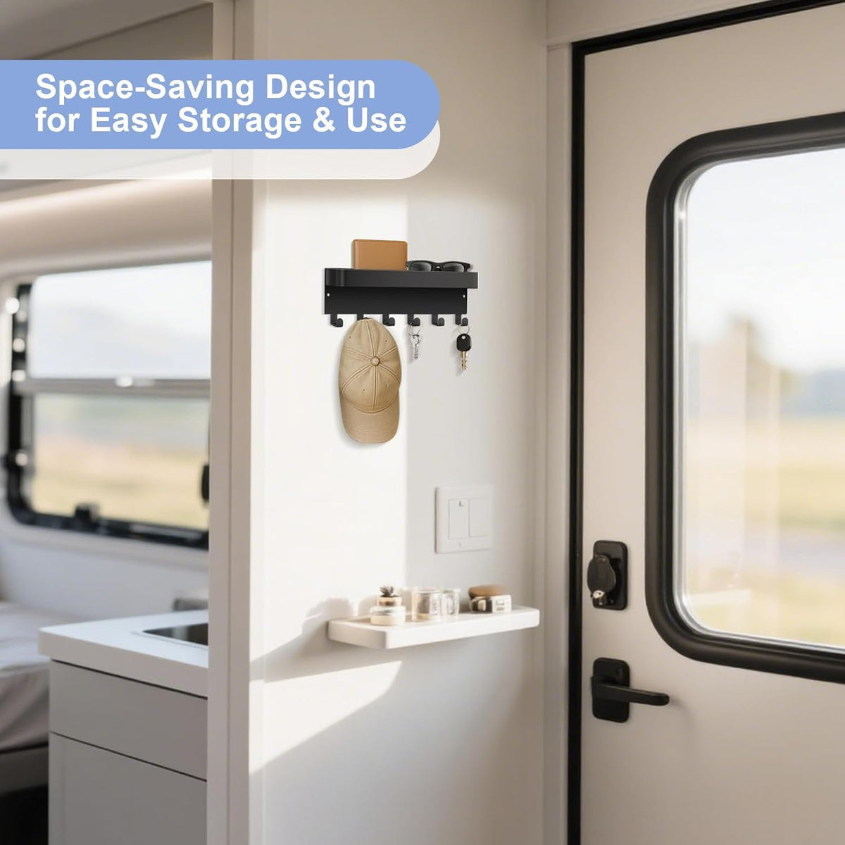 RELBRO Magnetic Key Holder for Fridge, Key Rack with Shelf, Black