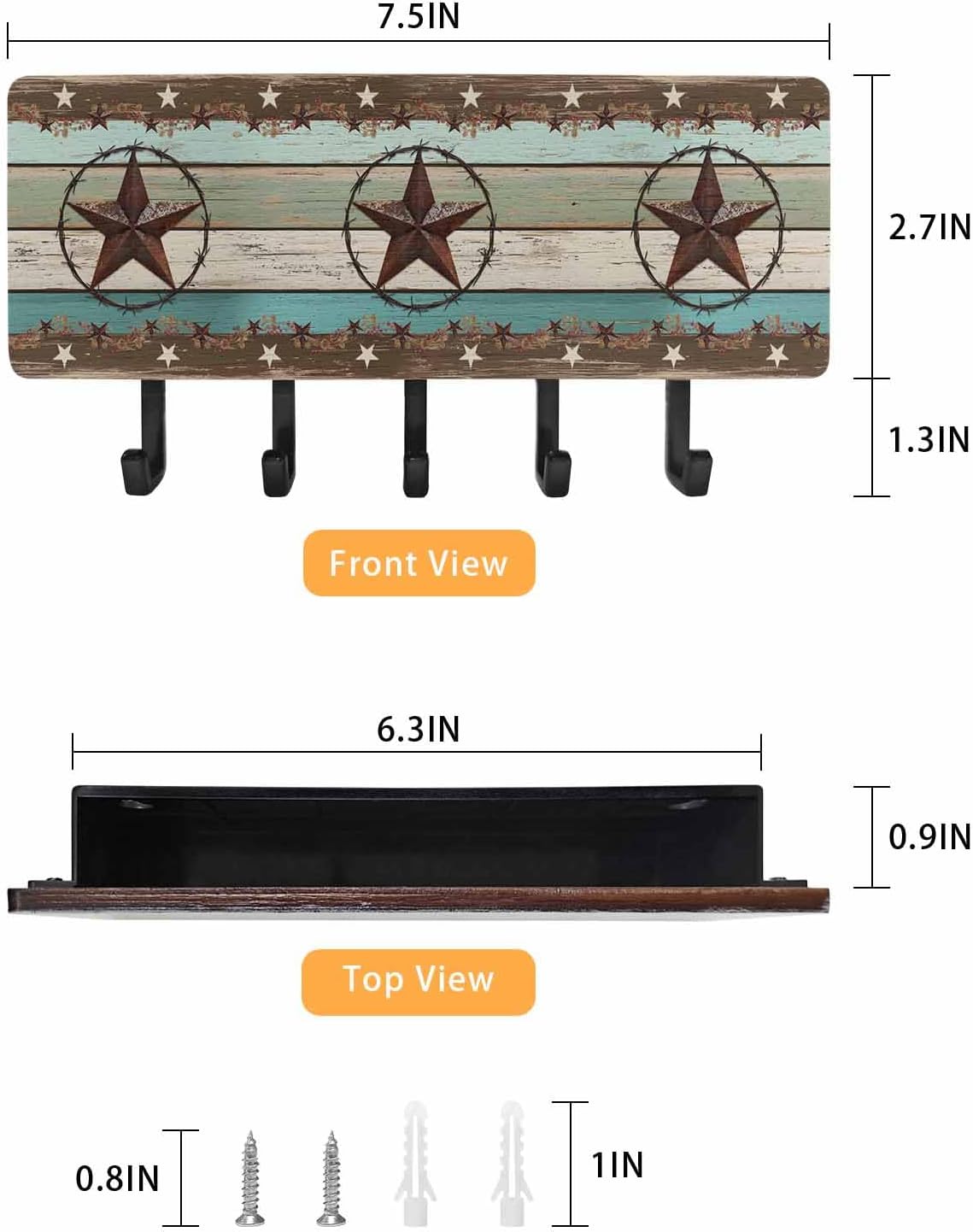 West Texas Star Rustic Key Holder Wall Mount,Teal Green Wood Plank Black Hanging Mail Organizer with 5 Key Hooks Wall Decorative,Adhesive Key Rack with Shelf for Hallway Kitchen Entryway Decor