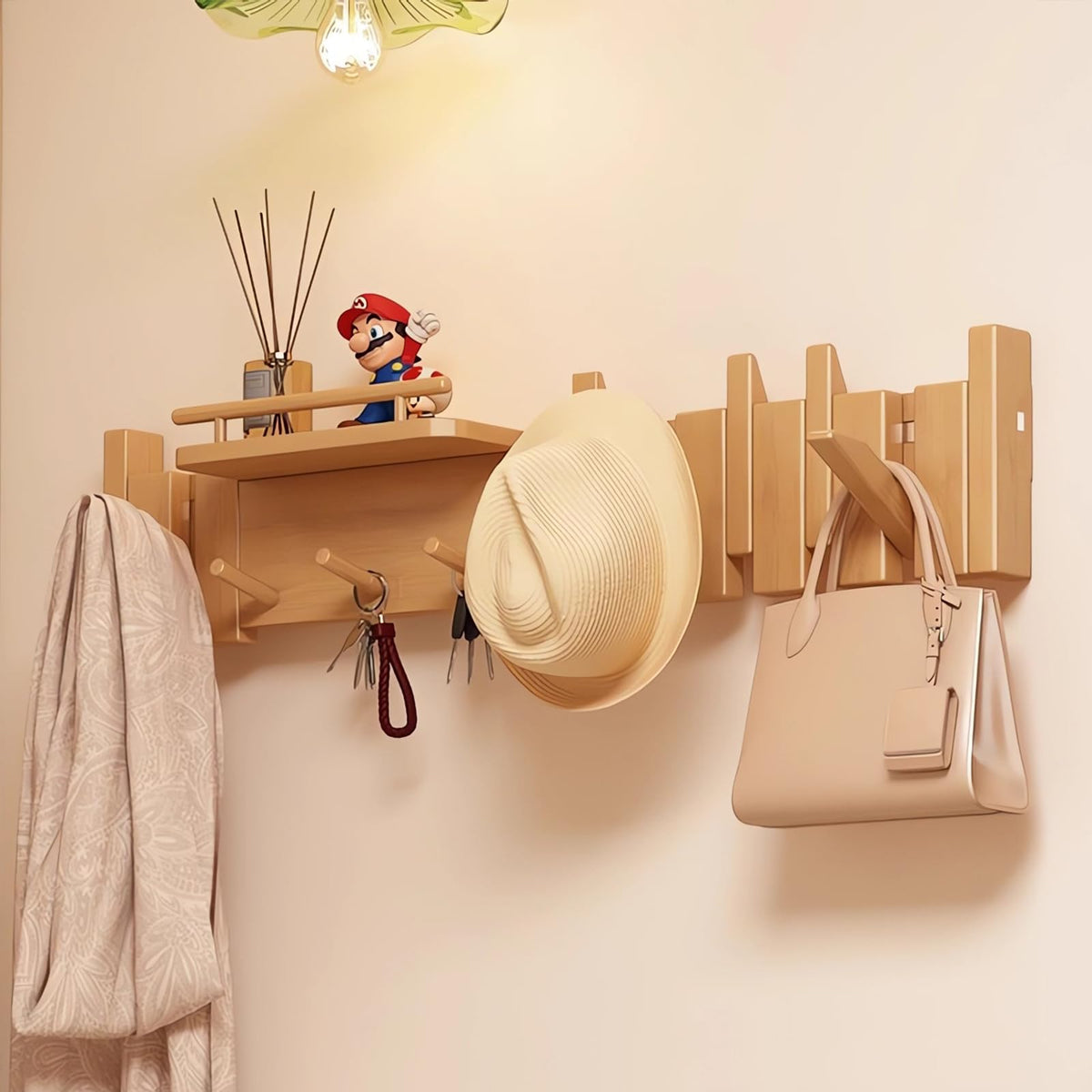 Paint Wood Wall Mounted Coat RackHooks Piano Key Hangers Natural Solid Wood Hanger Non-Woven Fabric Clothes Hangers for Closet, Kitchen, Bedroom, Bathroom, Entryway (Walnut-Beech, 8 Hooks)