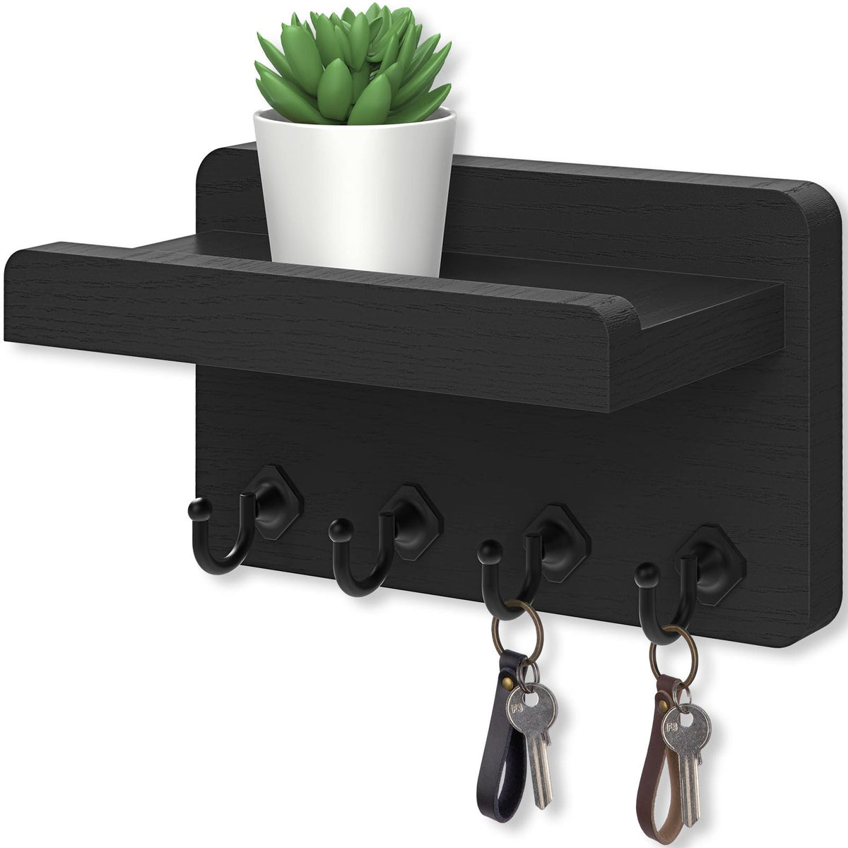Nekon Key Holder Wall Mount, 8.5 Inch Small Wooden Wall Organizer, Black