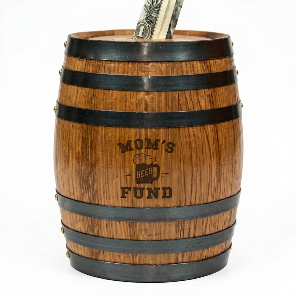Handmade Wooden Oak Whiskey Barrel Piggy Bank for Adults, Money Saver