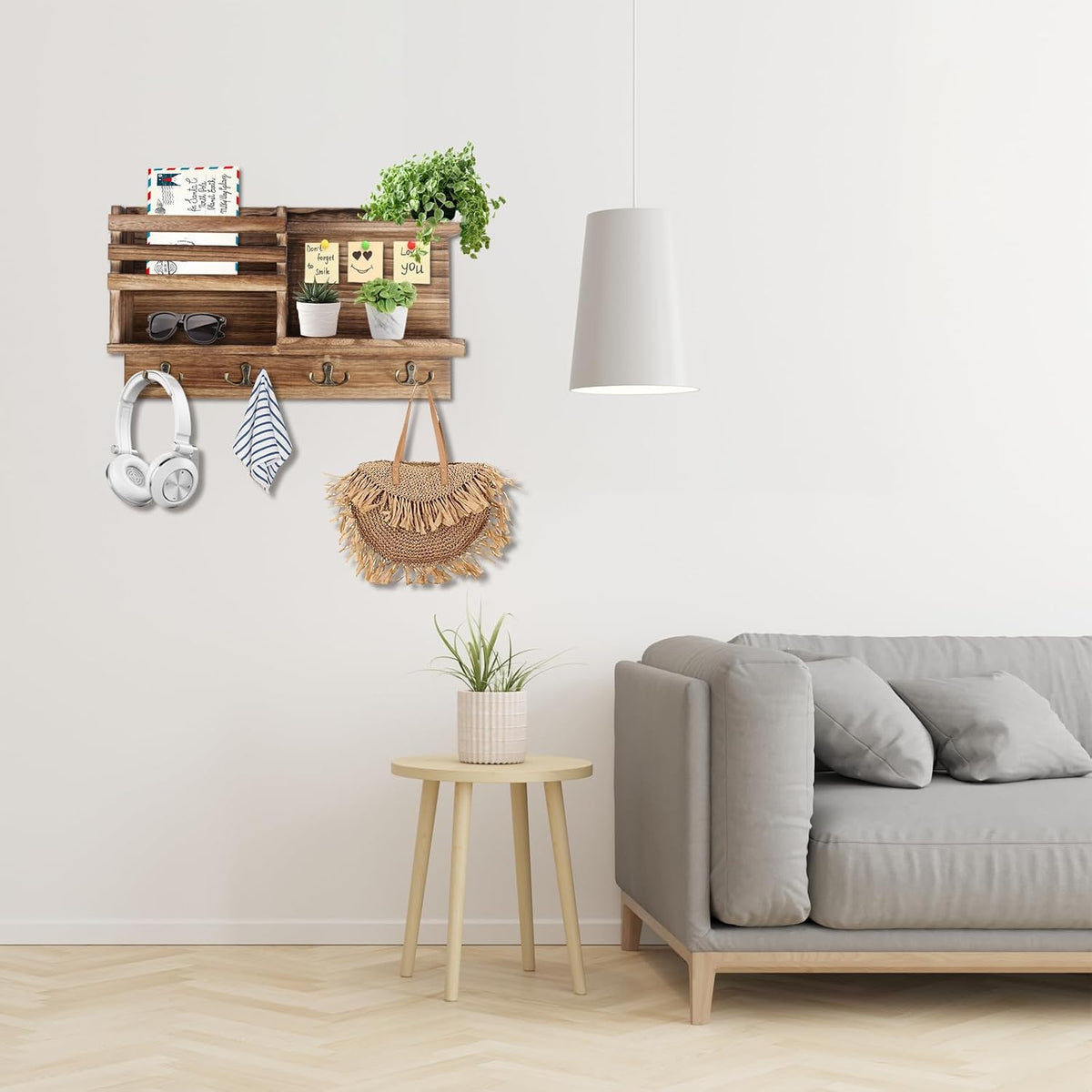 Key Holder Wall Mount, Wood Key and Mail Organizer for Wall, Burnt Brown