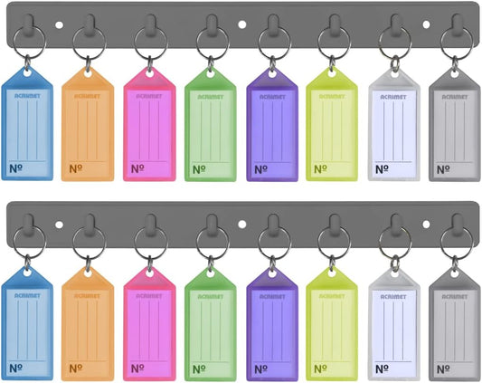 Acrimet Key Tag Rack w/ 8 Keyring Tags (Self-Adhesive Key Storage Rack) (2 Pack) (Assorted Color)