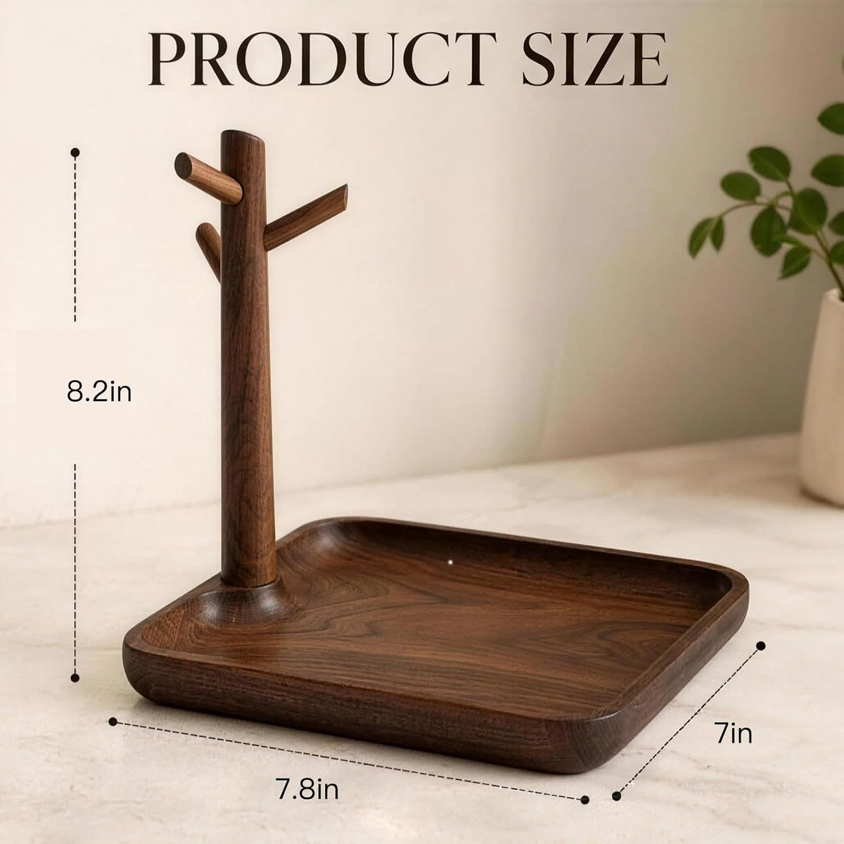 Walnut Tray, Entryway Key Organizer with Tree Hooks for Keys and Jewelry