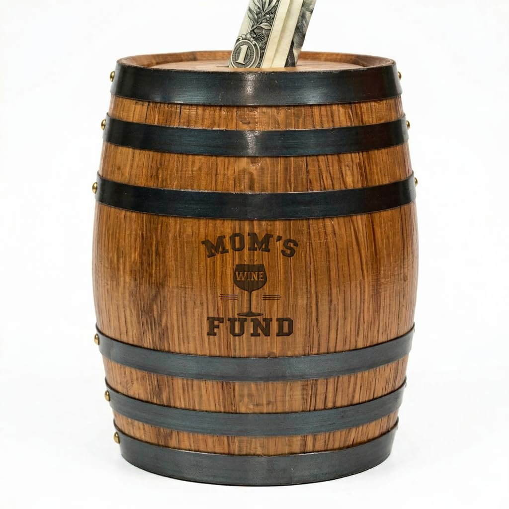 Handmade Wooden Oak Whiskey Barrel Piggy Bank for Adults, Money Saver