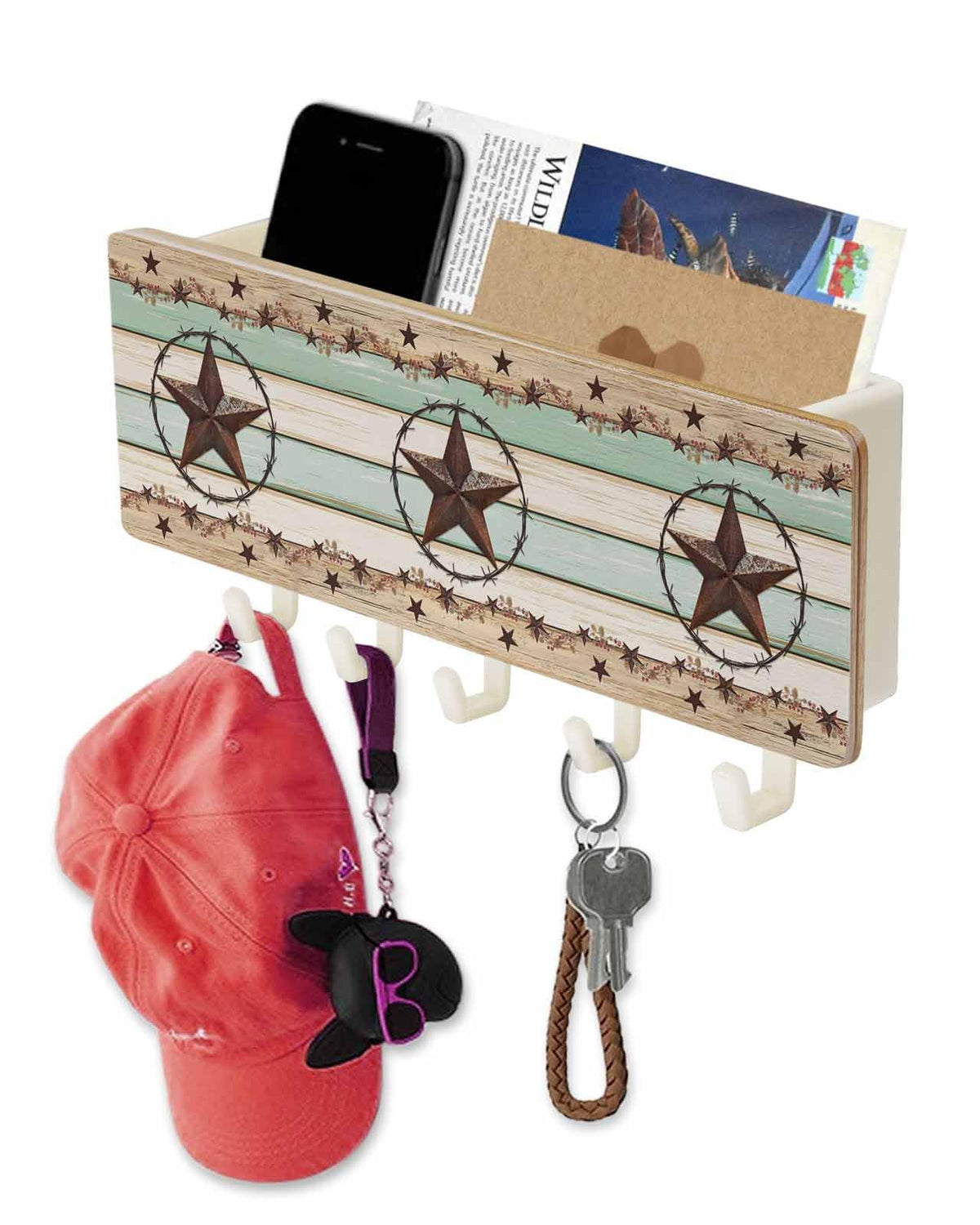 West Texas Star Rustic Key Holder Wall Mount,Teal Green Wood Plank Black Hanging Mail Organizer with 5 Key Hooks Wall Decorative,Adhesive Key Rack with Shelf for Hallway Kitchen Entryway Decor