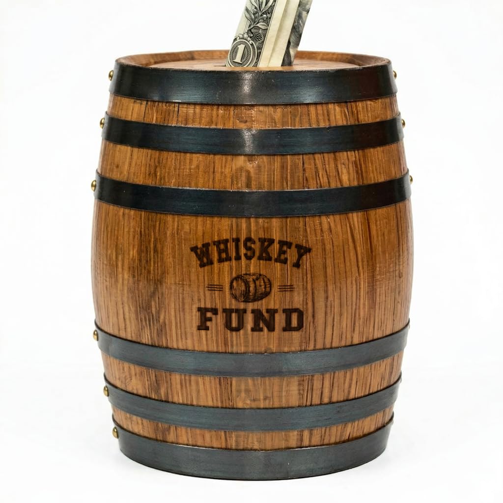 Handmade Wooden Oak Whiskey Barrel Piggy Bank for Adults, Money Saver