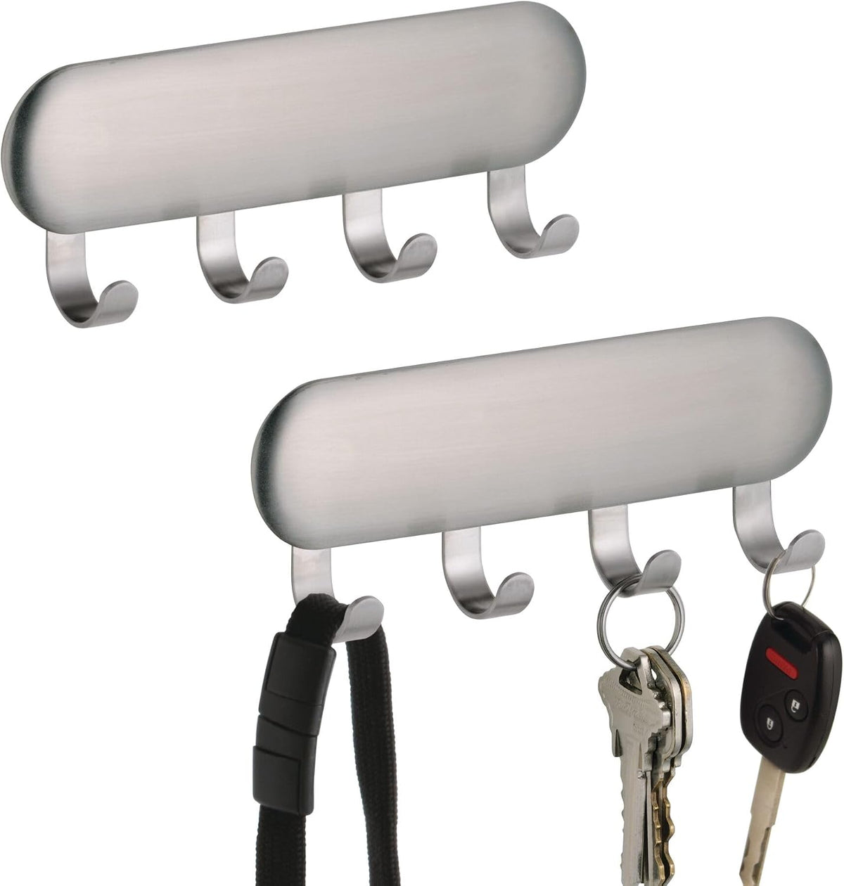 iDesign Forma Self-Adhesive Key Rack Organizer for Entryway, Kitchen - 4 Hooks, Stainless Steel