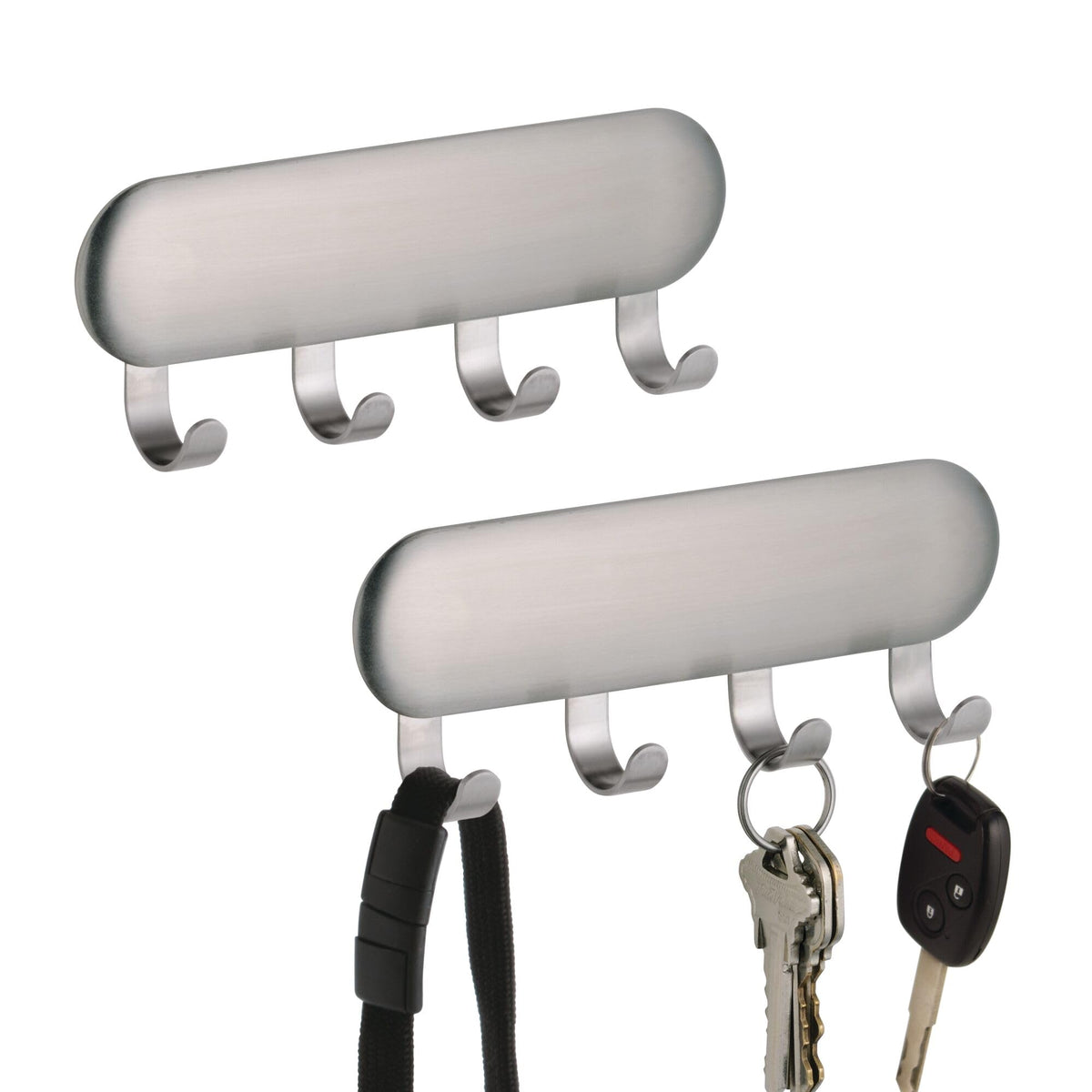 iDesign Forma Self-Adhesive Key Rack Organizer for Entryway, Kitchen - 4 Hooks, Stainless Steel