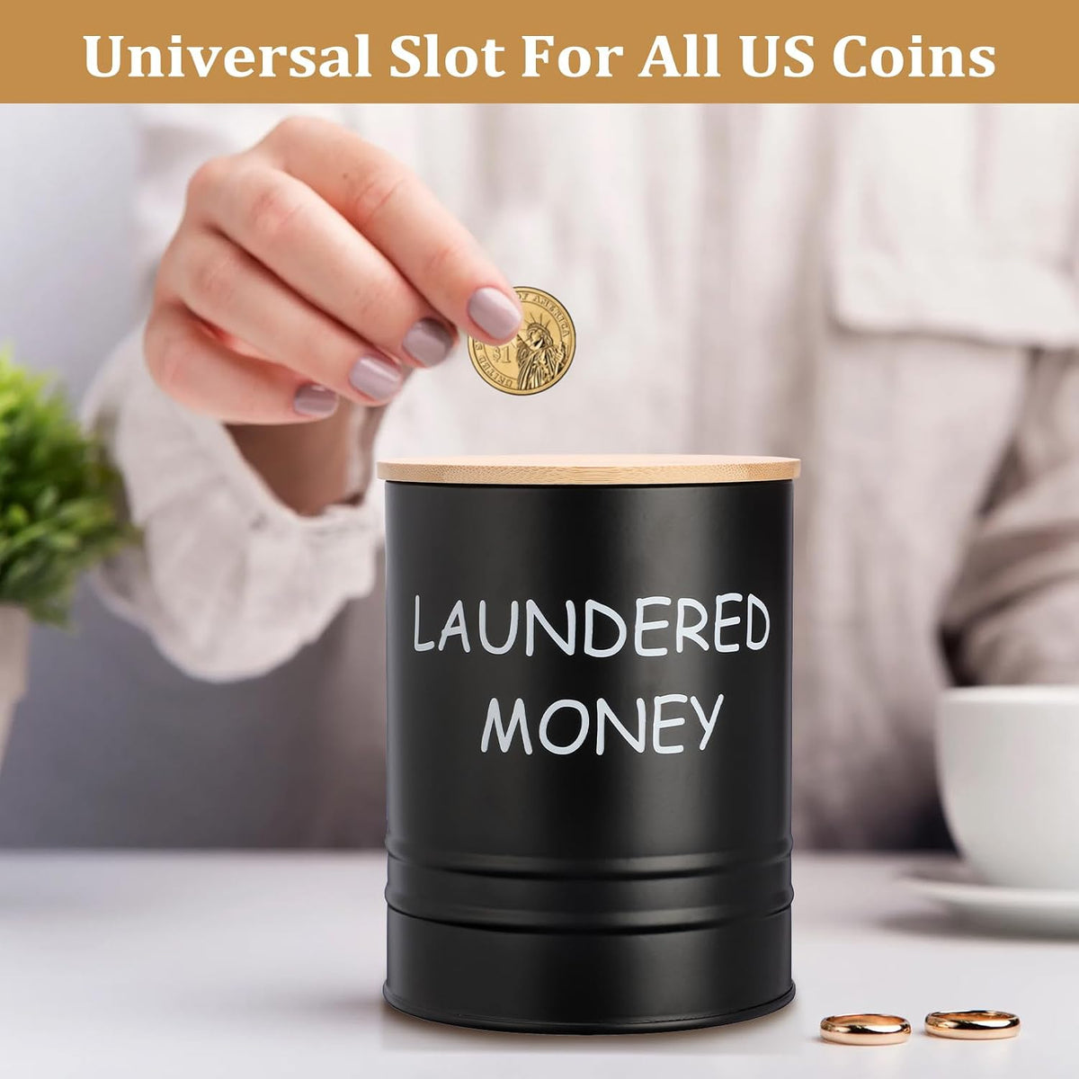 Laundry Room Coin Bank Jar with Money Slot and Wooden Lid, Black