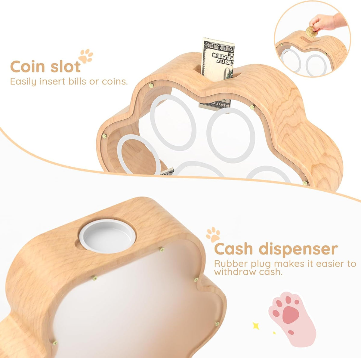 KMC Wooden Piggy Bank for Kids, Natural Cat Dog Paw Coin Bank with Stickers