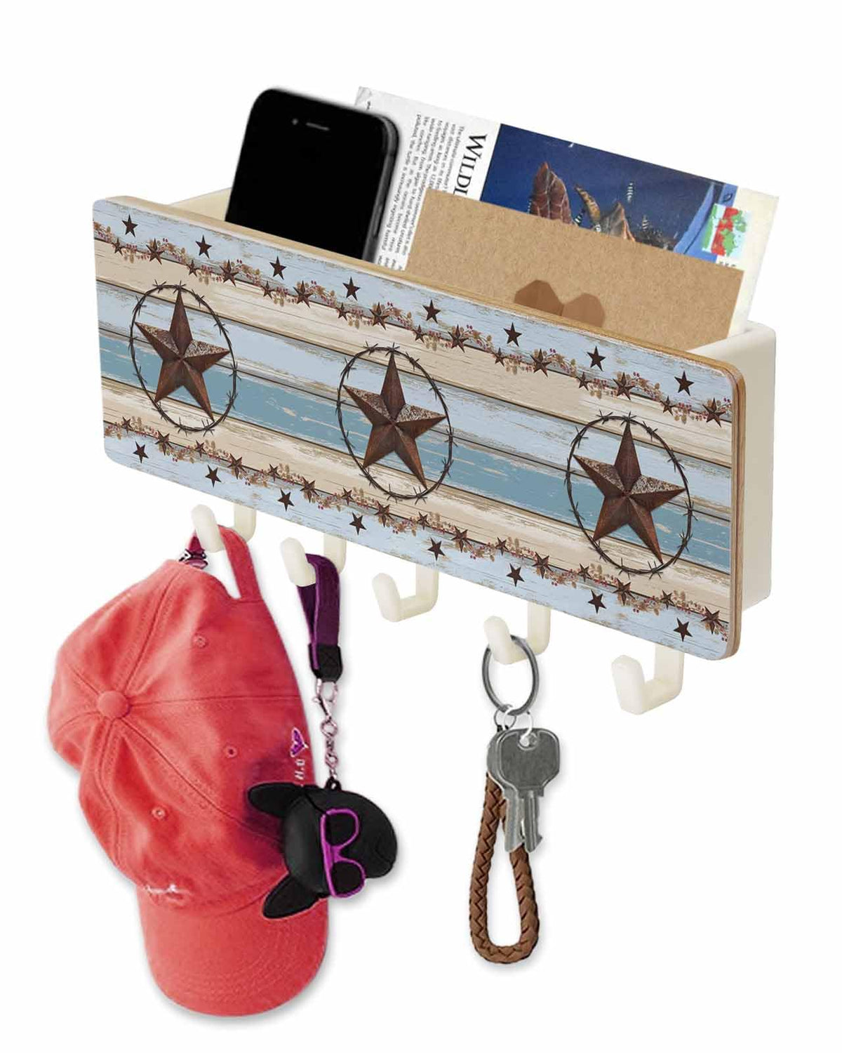 West Texas Star Rustic Key Holder Wall Mount,Teal Green Wood Plank Black Hanging Mail Organizer with 5 Key Hooks Wall Decorative,Adhesive Key Rack with Shelf for Hallway Kitchen Entryway Decor
