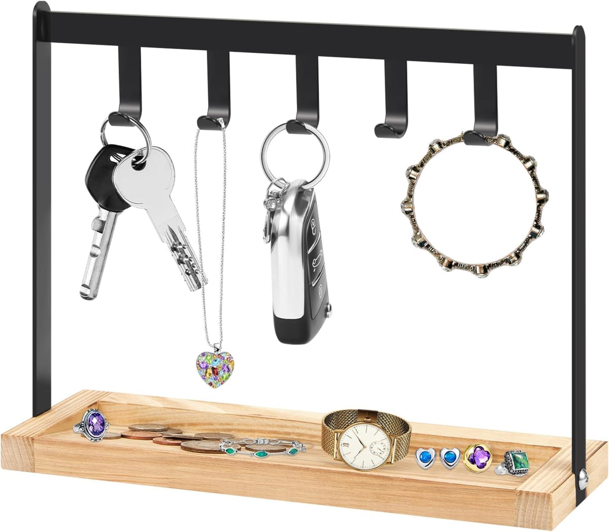 Wonderjune 1 Pcs Key Holder for Entryway Table with 5 Hooks and Burnt Wood Base 10 x 3.2 x 8.1 Inch Jewelry Organizer Bowl Rack Rustic Tray for Keys Bracelets Rings Watches Going out Supplies
