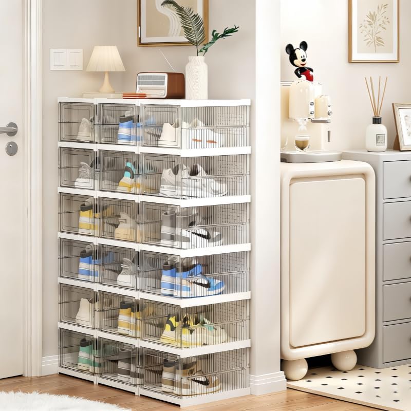 Stackable Clear Shoe Storage Organizer,Foldable Shoe Boxes with Front Opening,Space‑Saving Vertical Shoe Rack for Closet,Entryway,Bedroom,Transparent Shoe Holder for Footwear.