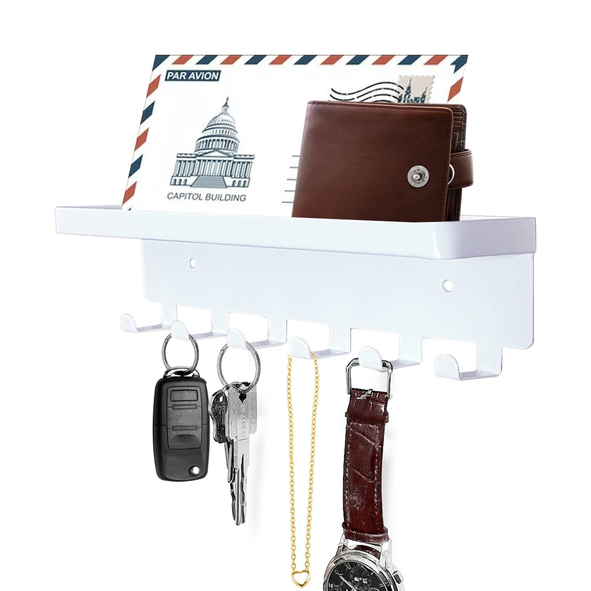 GTK Key Holder for Wall, Key Hooks with Tray and 6 Hooks, Wall Mounted Key Holder for Hallway, Key Rack with Shelf for Mail Storage (Gold)