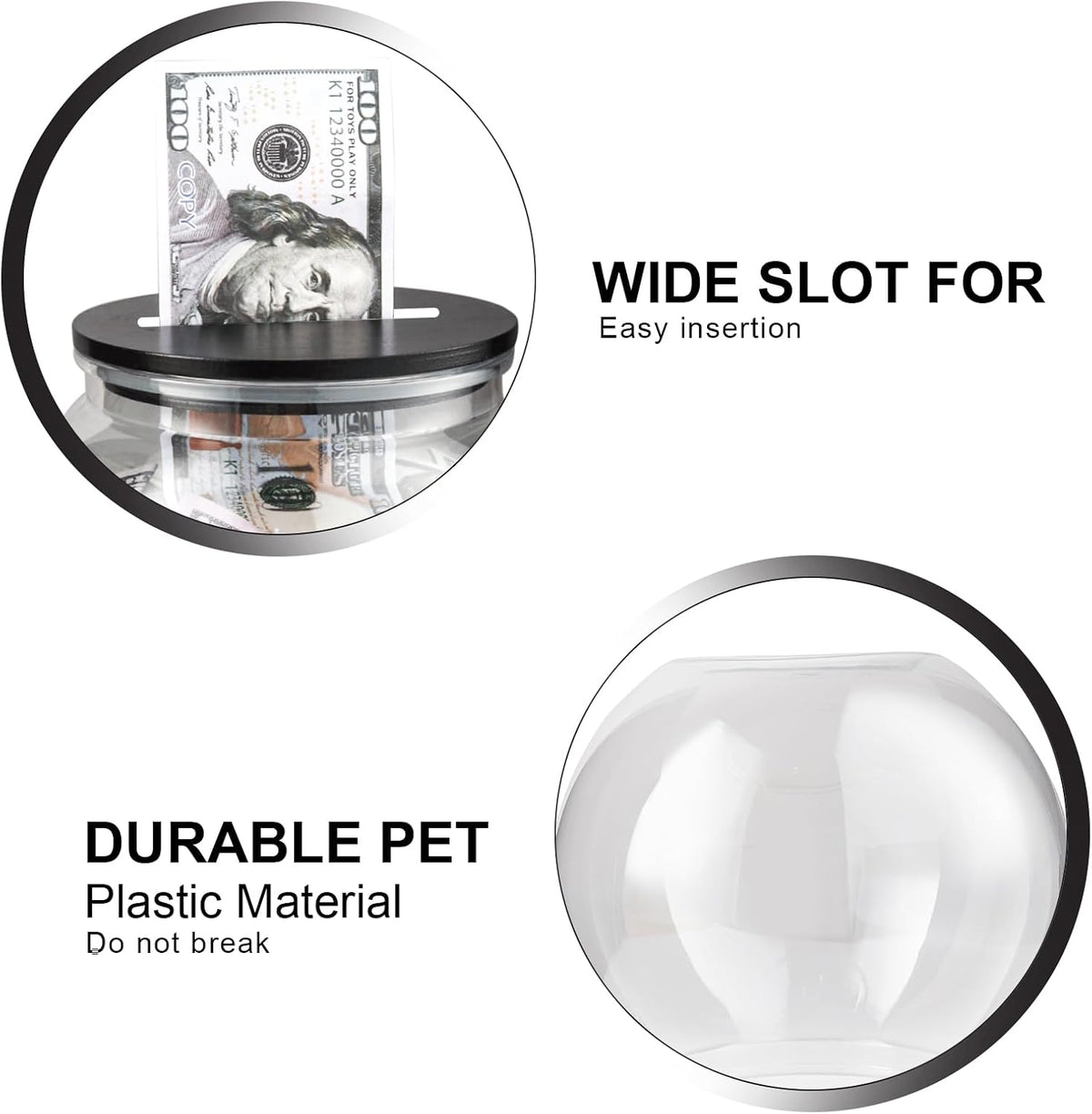 Yamahiko Large Clear Coin Bank Jar with Slotted Lid, 3/4 Gallon Plastic Money Tip Change Savings Coin Jar for Coin or Raffle Ticket, Big Money Coin Tip Piggy Change Bank Box for Adults Teens, Black