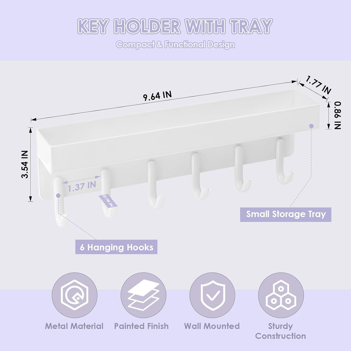 VIS'V Key Holder Wall Mount, Adhesive Key Rack with Tray, 6 Hooks, White