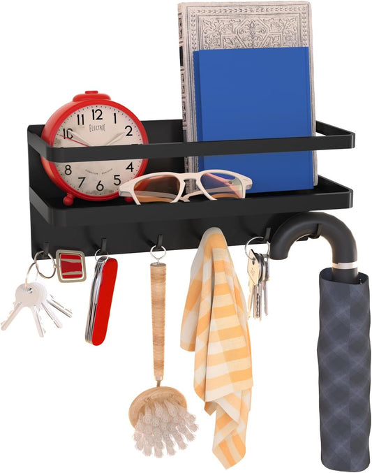 Magnetic Key Holder with Tray and Hooks, Steel Shelf for Keys, Letters, Coats, Office or Kitchen Use (Black, Medium)