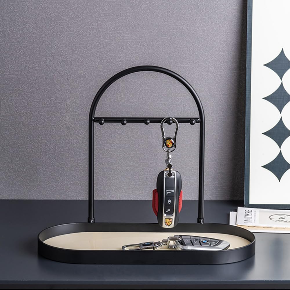 Shinpuru Metal Jewelry Organizer Stand & Key Holder Tray with Acrylic Base, Key Stand and Jewelry Tray with 5 Hooks, Perfect Bowl, Valet, Key Tray, Ring Holder, Jewelry Dish(Matt Black)
