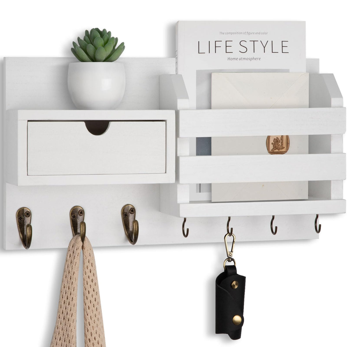 Lwenki Wall Mount Key Holder with Mail Organizer, 100% Paulownia Wood, 7 Metal Hooks, Storage Drawer, Entryway Home Decor (Brown)