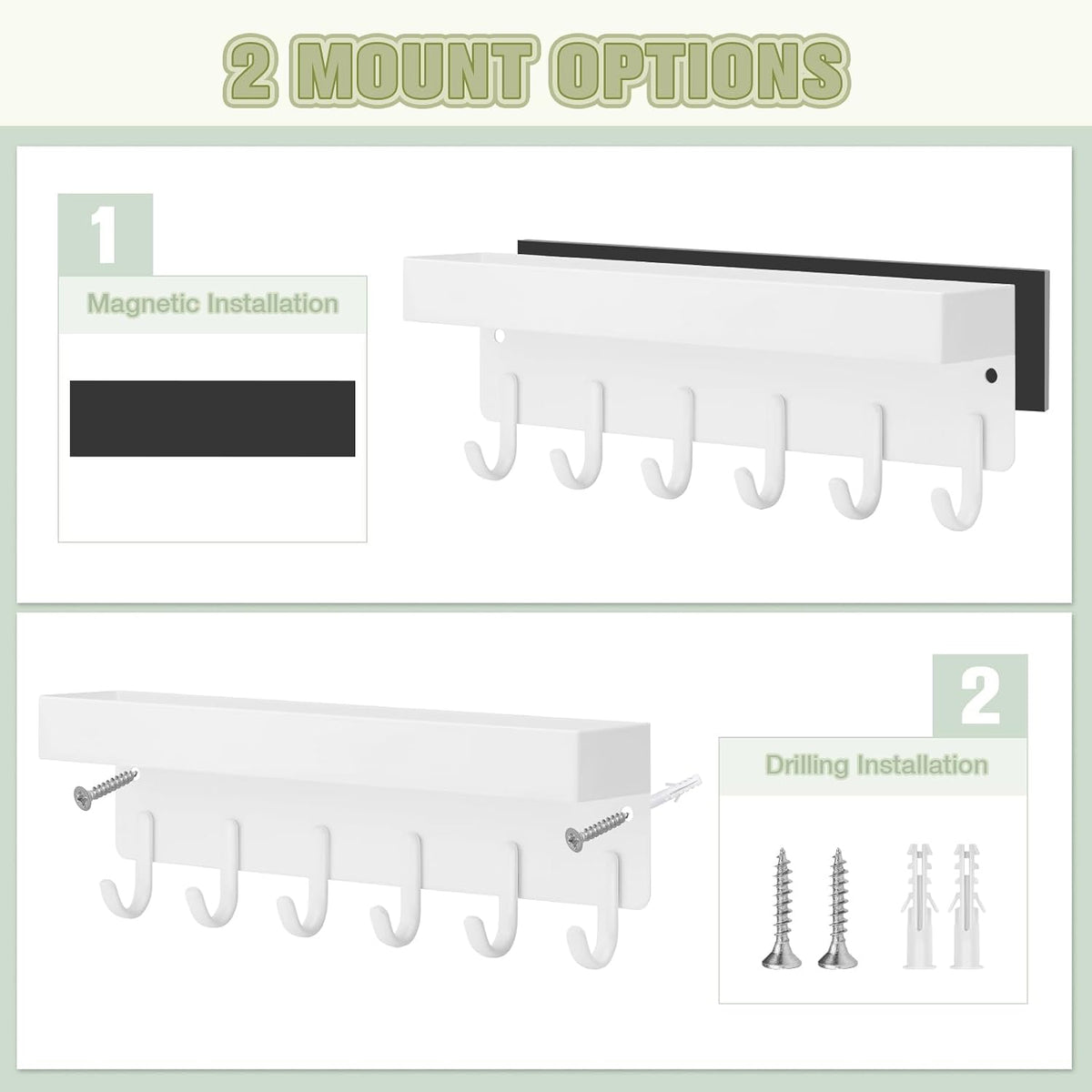 VIS'V Key Holder Wall Mount, Magnetic Key Rack with Tray, 6 Hooks, White