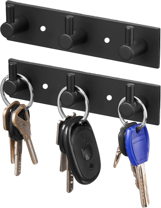 Stainless Steel Wall Key Holder Set of 2 - 3 Key Hooks Modern Hanger for Home, Kitchen, Entryway, Hallway, Office, Cabinet, Bathroom (Black)