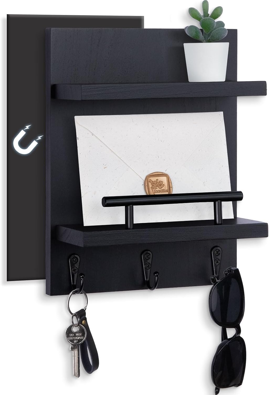 Magnetic Key Holder Wall Mount, Mail Shelf Decor with 3 Key Hooks