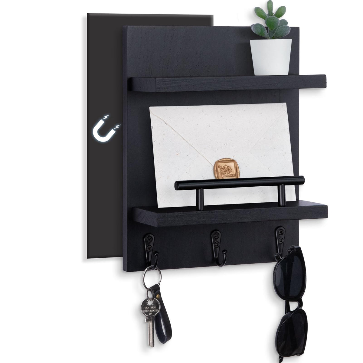 Magnetic Key Holder Wall Mount, Mail Shelf Decor with 3 Key Hooks