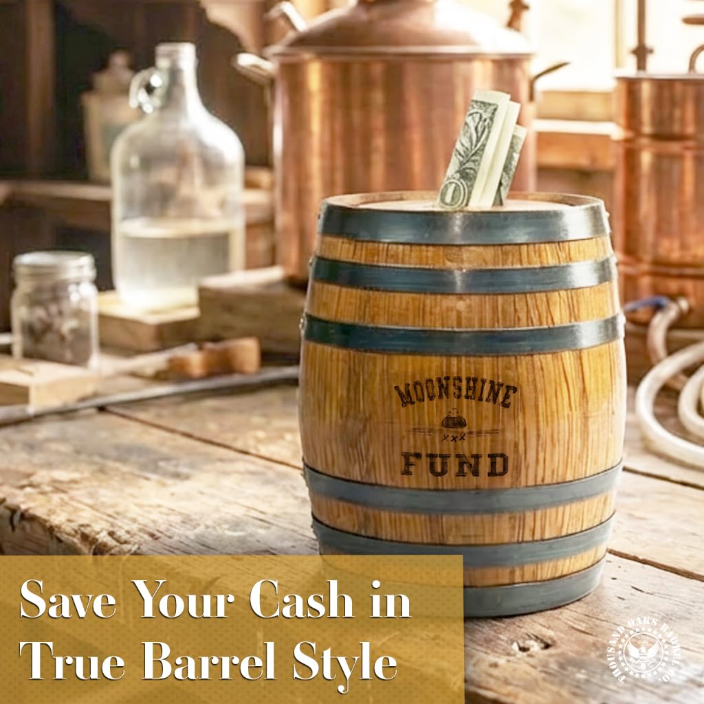 Handmade Wooden Oak Whiskey Barrel Piggy Bank for Adults, Money Saver