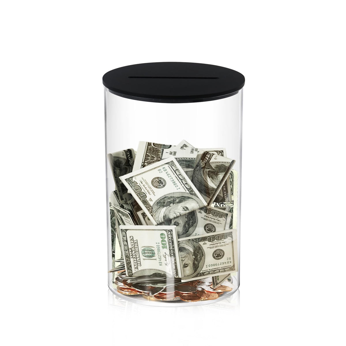 Klmnop Acrylic Piggy Bank, Openable Piggy Bank for Kids with Black Lid, Repeatable Money Saving Jar, Clear Money Jar for Cash Saving(Black 2.8"×4.5")