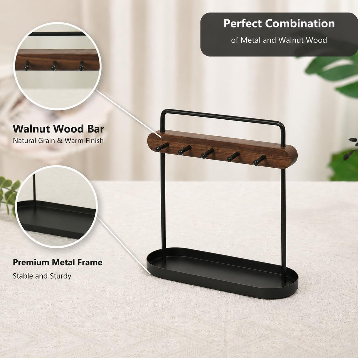 Shinpuru Key Holder Tray, Metal Stand, Walnut Wood Bar with 5 Hooks, Small