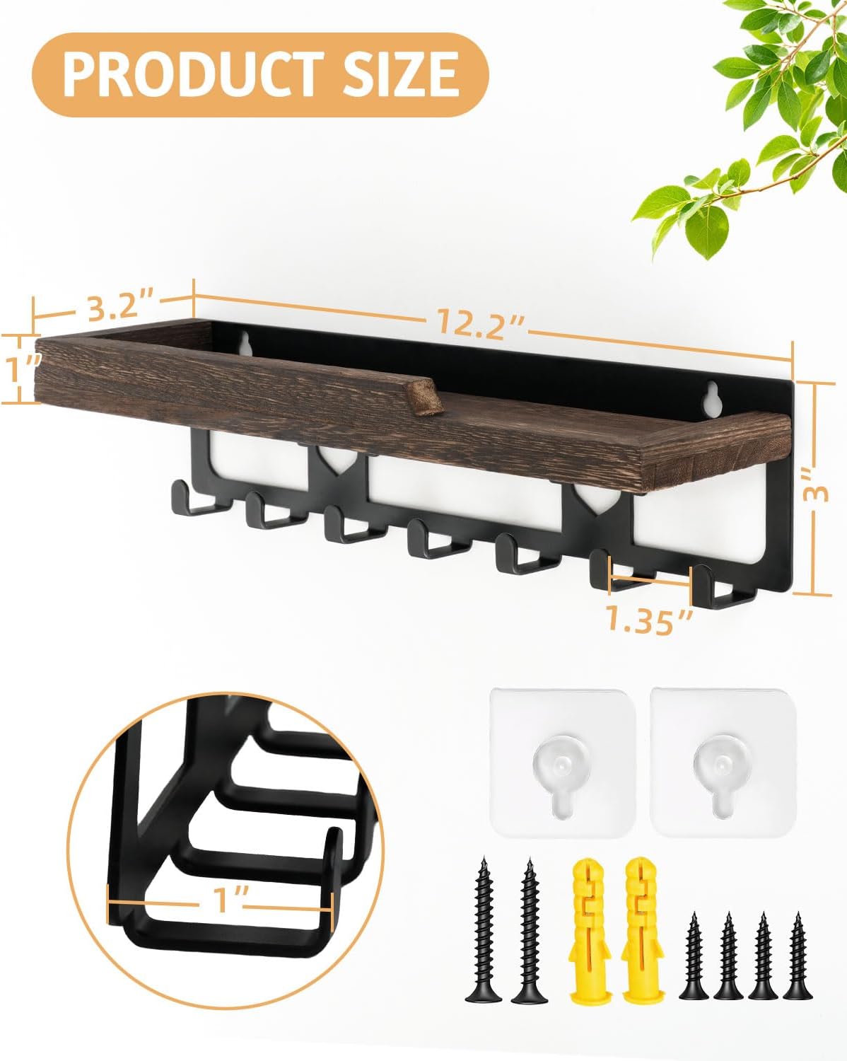 lucdnc Key Holder for Wall Mounted with Tray, 7 Hooks & Wood Shelf