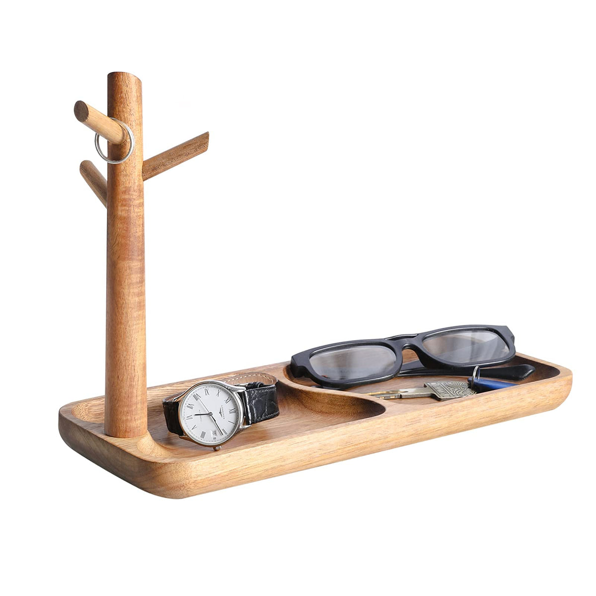 Walnut Wood Key Tray for Entryway Table, Jewelry Tray, Catchall Tray with 3 Stand Hanging Organizer, for Rings, Phone, Bracelets Watches
