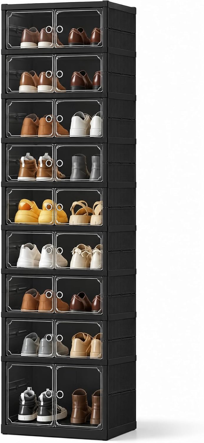 UFORU 9-Tier Black Foldable Shoe Rack,18-Pair Organizer with Magnetic Doors